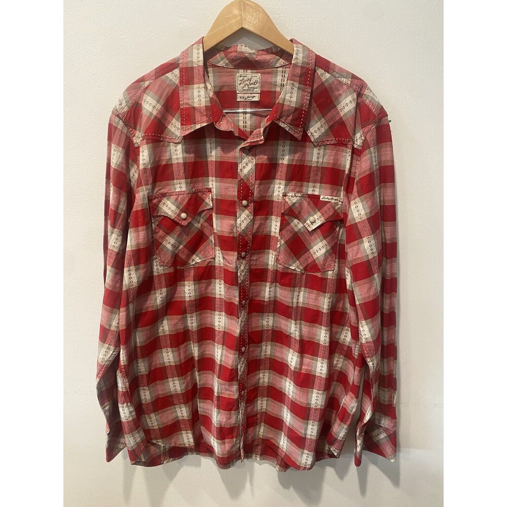 Lucky Brand Shirt Mens 2XL Red Pearl Snap‎ Western Dungaree Long Sleeve Plaid